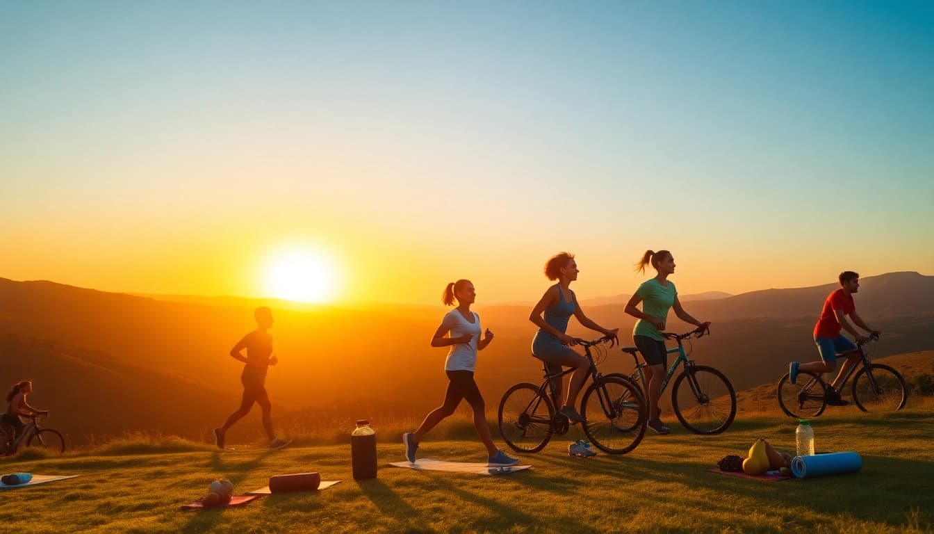Dynamic weight loss journey with diverse people exercising in nature.