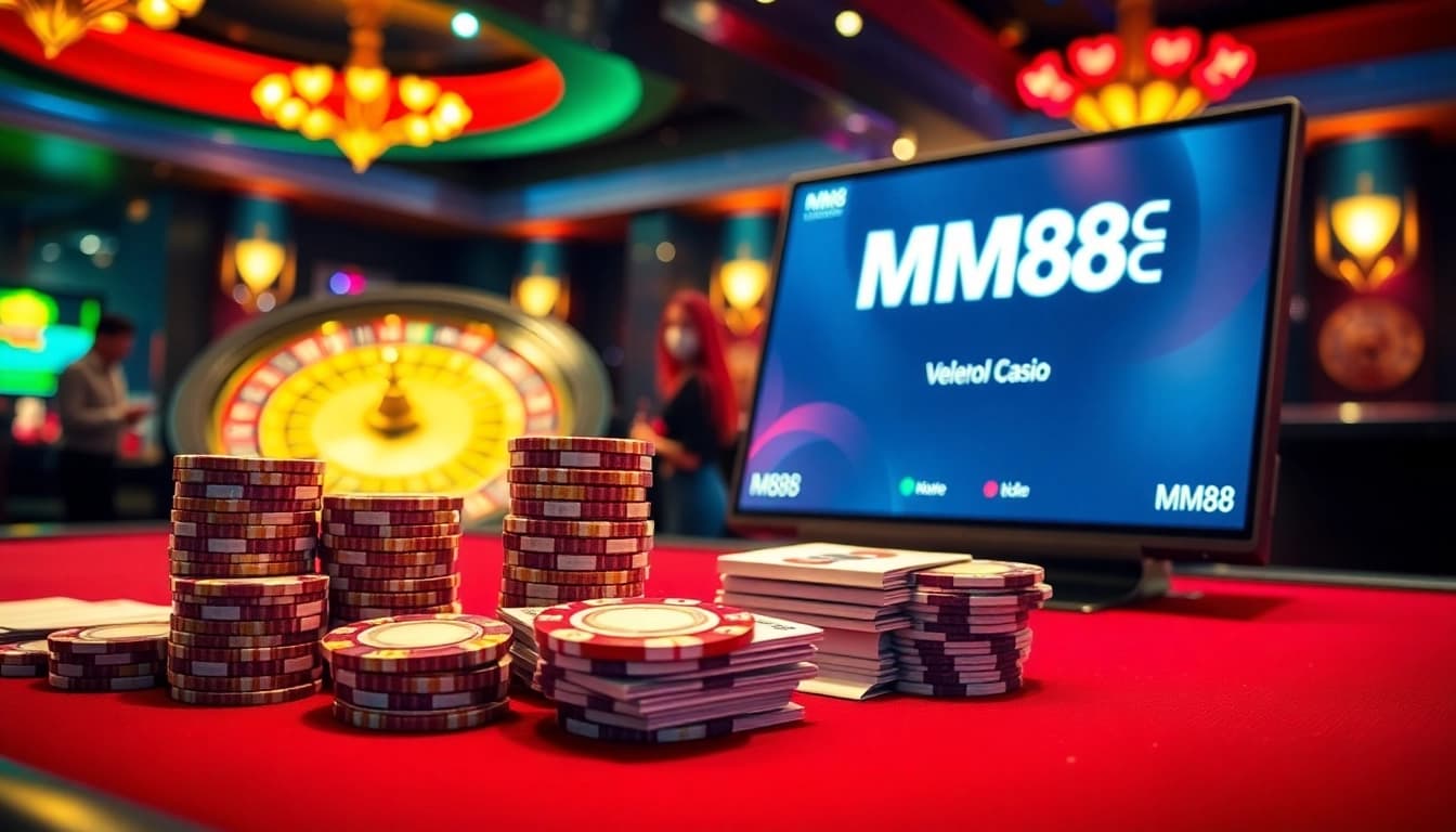 Gamble at a vibrant poker table with MM88 branding, showcasing colorful chips and cards.