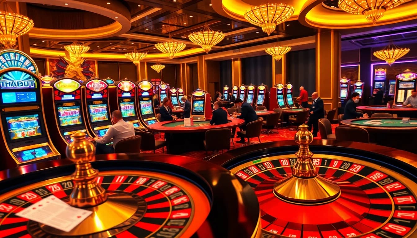 Players enjoying poker and slots at THABET’s luxurious online casino, showcasing vibrant gaming action.