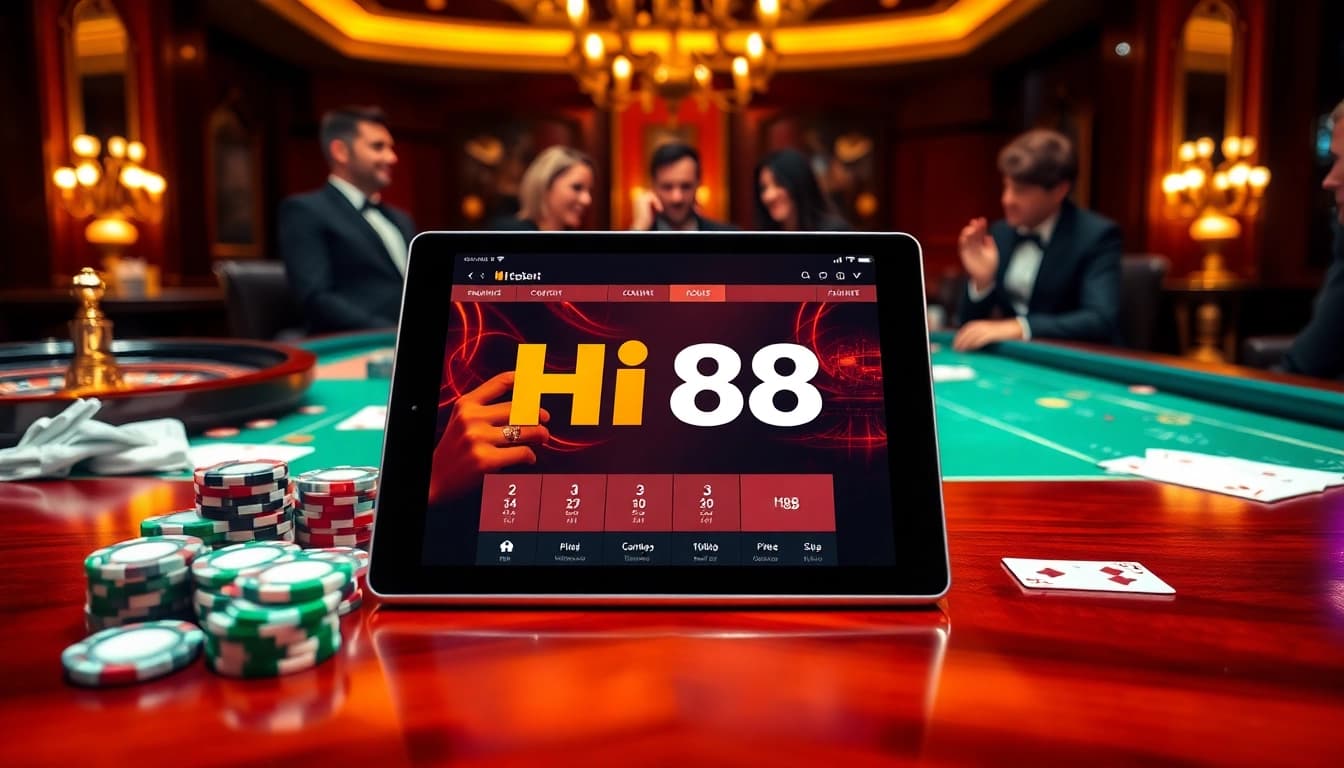 Hi88 players enjoying an exhilarating online casino experience with poker and chips.