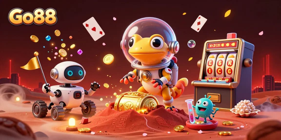 Engage with Go88's vibrant casino world featuring a Martian gecko and thrilling game elements.