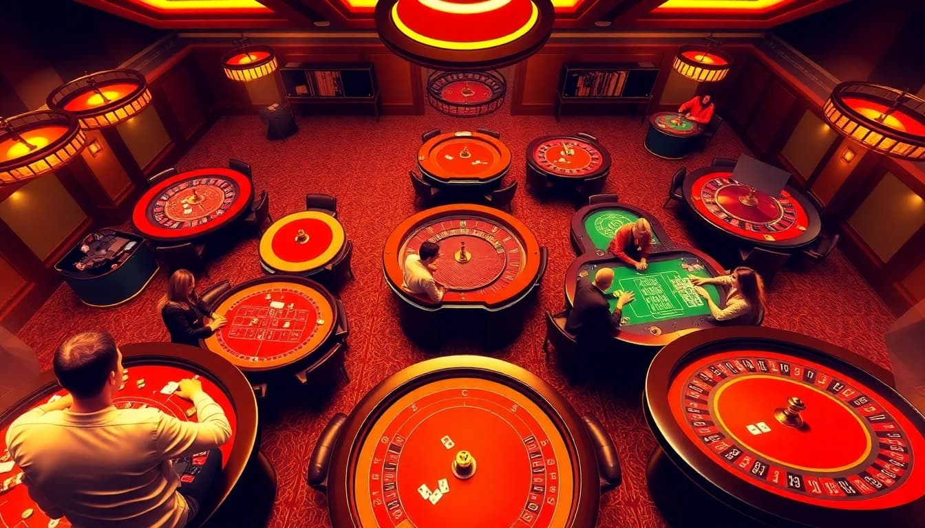 Gamblers enjoying thrilling games at fb88.com, featuring vivid casino tables and engaging activities.