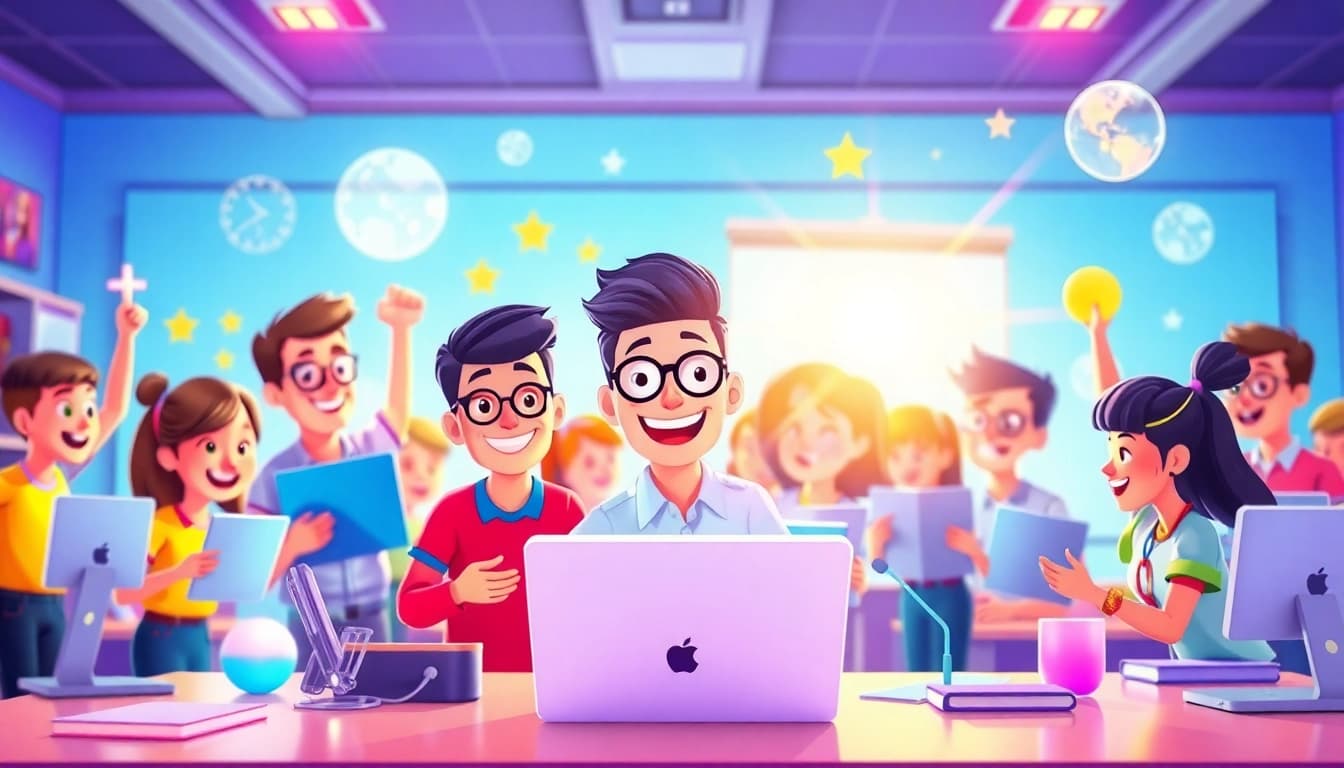 Dynamic e-learning gamification scene showcasing students engaging with interactive learning tools.