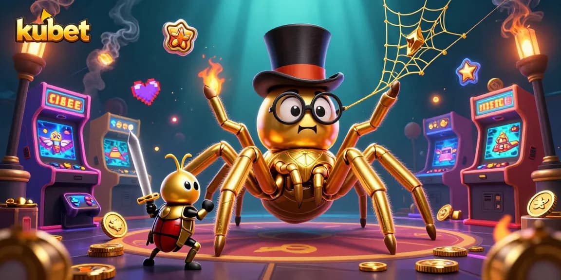 Experience the excitement of kubet with a golden tarantula and beetle knight in a vibrant casino scene.