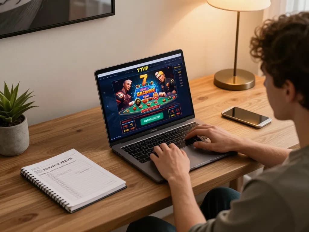 Player engaging in online casino gameplay on the 777VIP platform from a stylish home office.