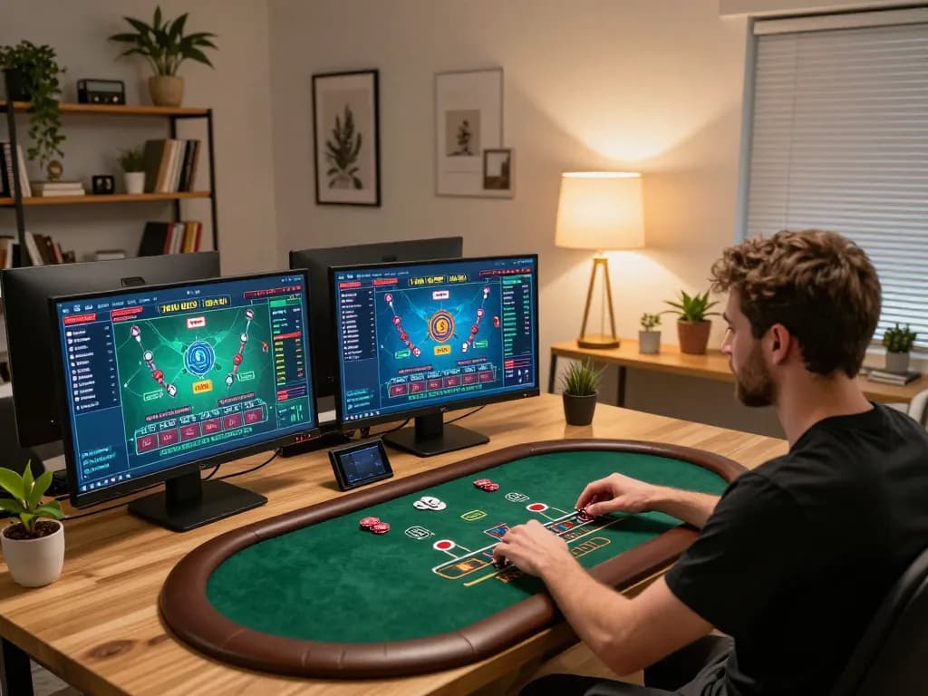 Player strategizing in online blackjack at home using TR88 mobile gaming app