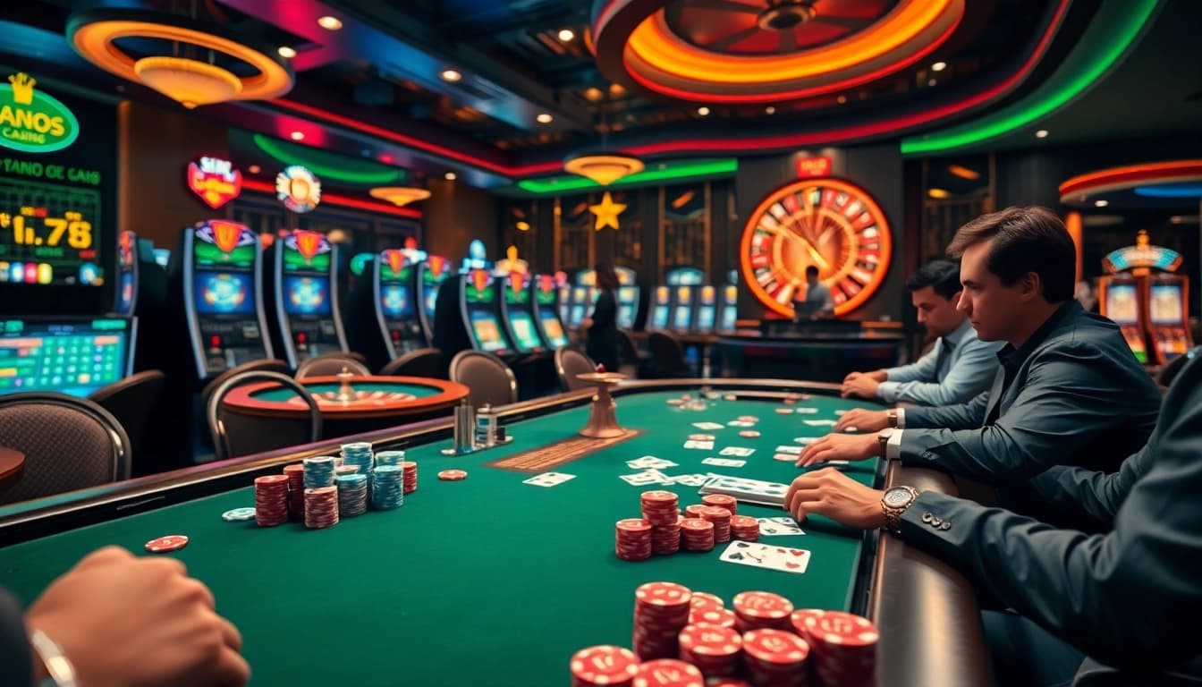 Players engaged in high-stakes poker action at SAO789, featuring thrilling casino elements in a luxurious setting.