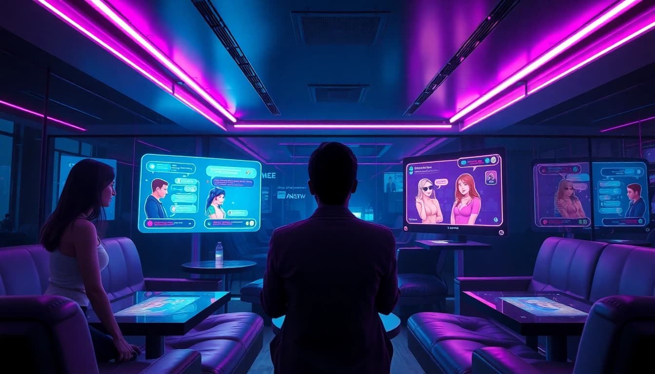 Immersive NSFW AI chatbot interaction in a modern lounge with vibrant digital screens.