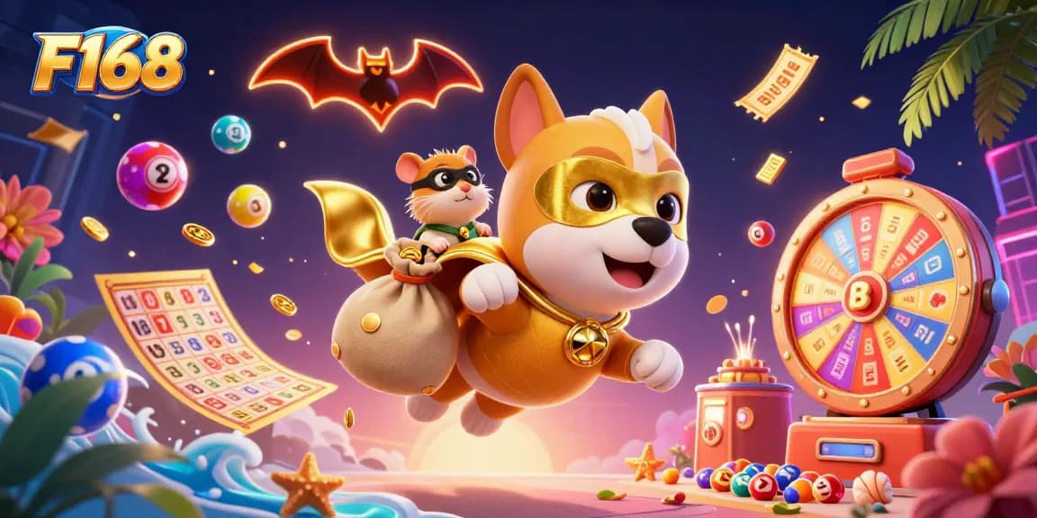 F168 showcases a flying superhero dog and hamster amidst a vibrant lottery scene bursting with excitement.