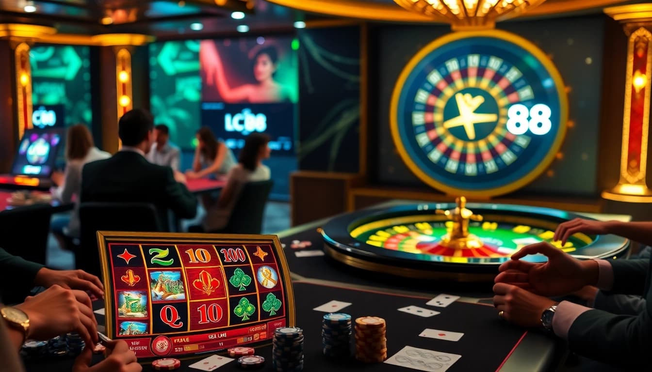 Players enjoy a thrilling online casino experience at Lc88, surrounded by vibrant slot machines and poker chips.