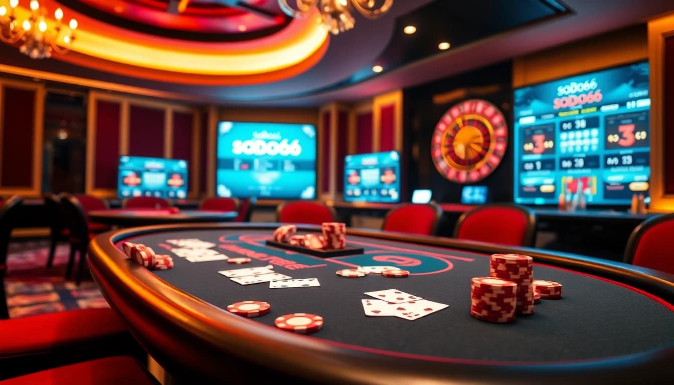Players engaged in a thrilling poker game at sodo66, emphasizing high stakes and casino excitement.