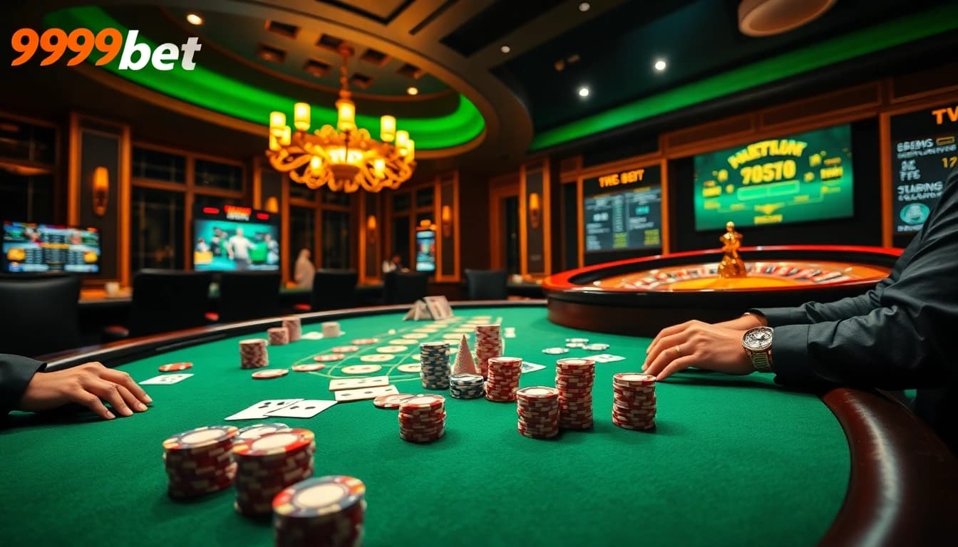 Experience excitement with 999bet as players engage in a thrilling poker game at a luxurious casino table.
