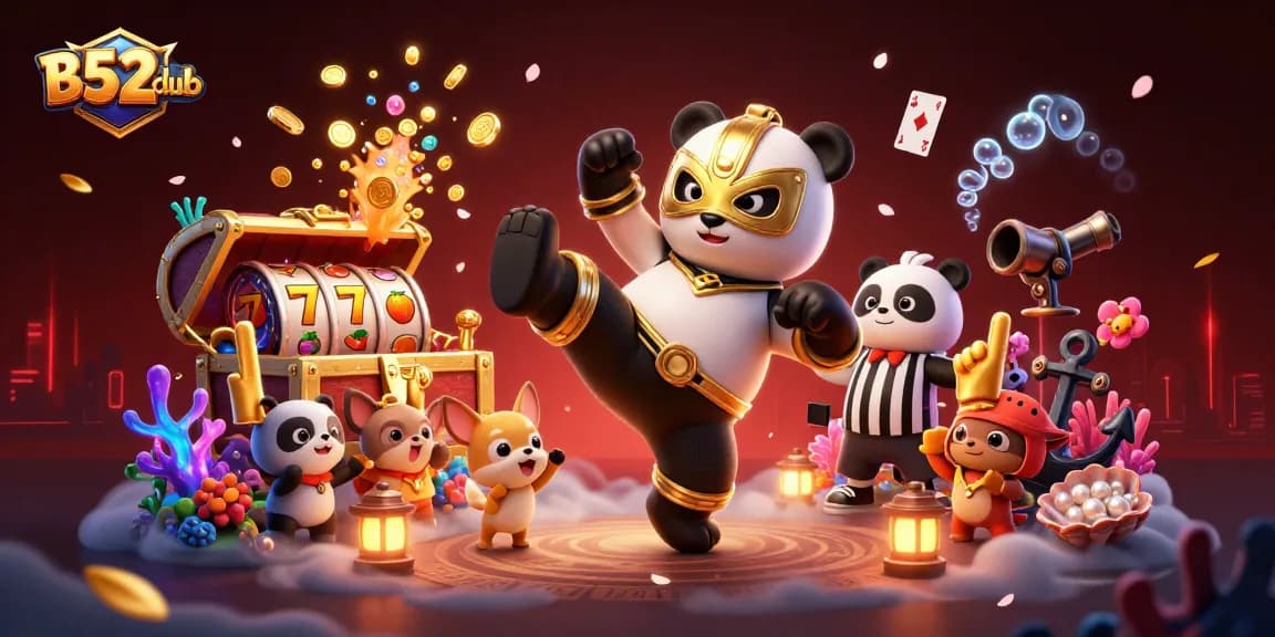 B52club players enjoying vibrant 3D casino illustration capturing high-energy slot game action with golden treasure.