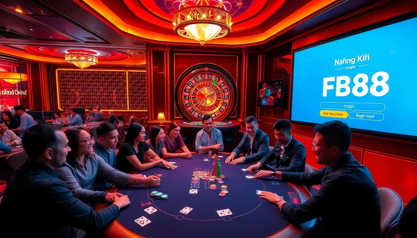 Exciting poker game in a casino highlighting Đăng Ký FB88 registration on a digital screen.