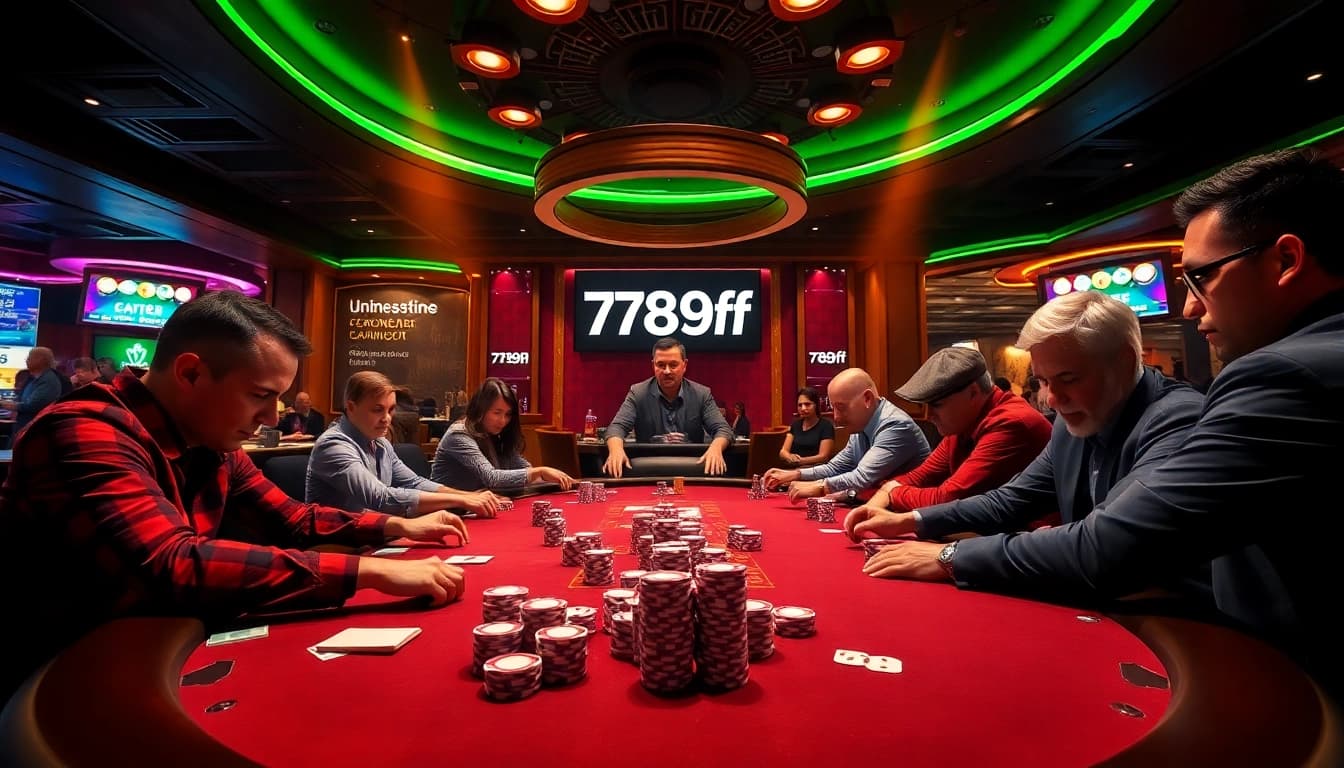 Experience the excitement of a poker game at 789f with vibrant chips and players in action.