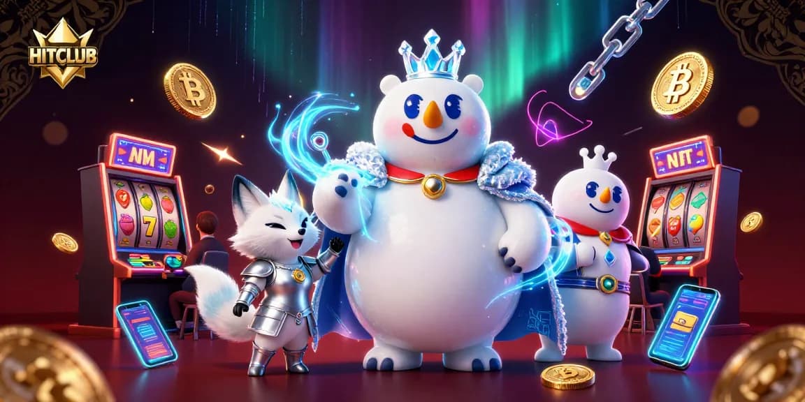 Engage with HITCLUB in a vibrant casino scene showcasing polar bear and fox, dynamic slot reels, cryptocurrency elements