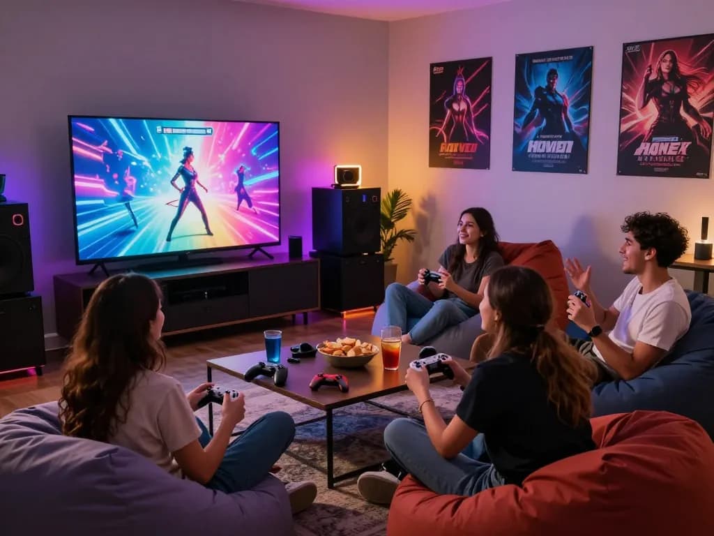 Friends enjoying a lively sex simulator game in a colorful game room.