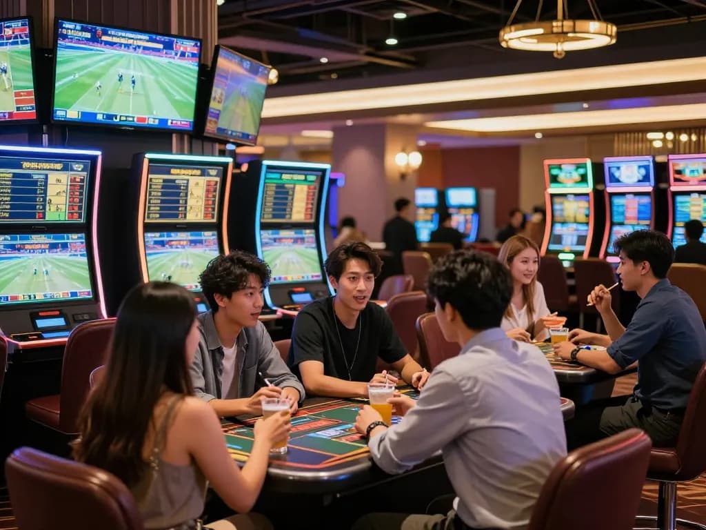 Excited bettors at 8kbetbh engaging in live sports betting strategies, vibrant casino atmosphere.