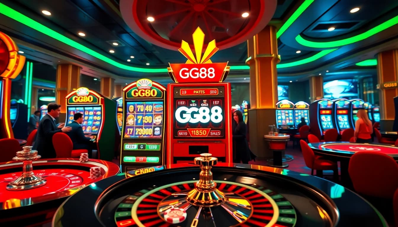 Experience the excitement of GG88 with a vibrant casino scene featuring a thrilling slot machine.