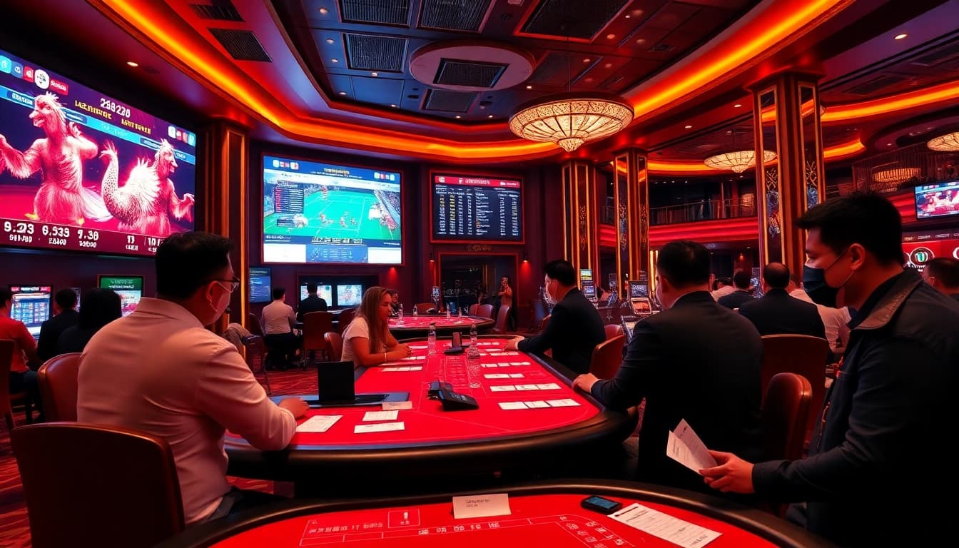 Experience the excitement of đá gà trực tiếp in a vibrant casino setting with live betting action.