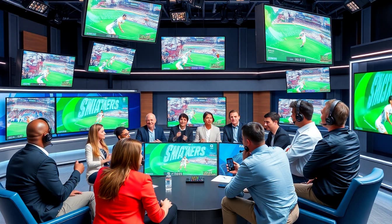 Sports Broadcasting professionals discussing live events in a vibrant studio.
