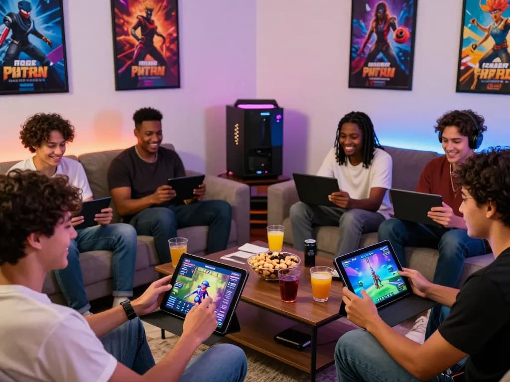 Players enjoying free porn games on devices in a cozy living room.
