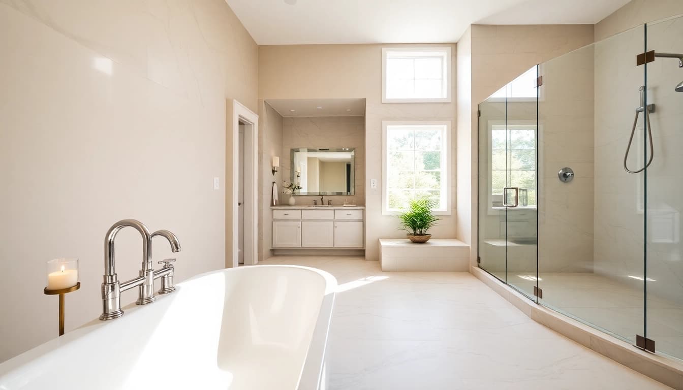 Experience a luxurious bathroom remodeling with elegant marble tiles and a soaking tub.