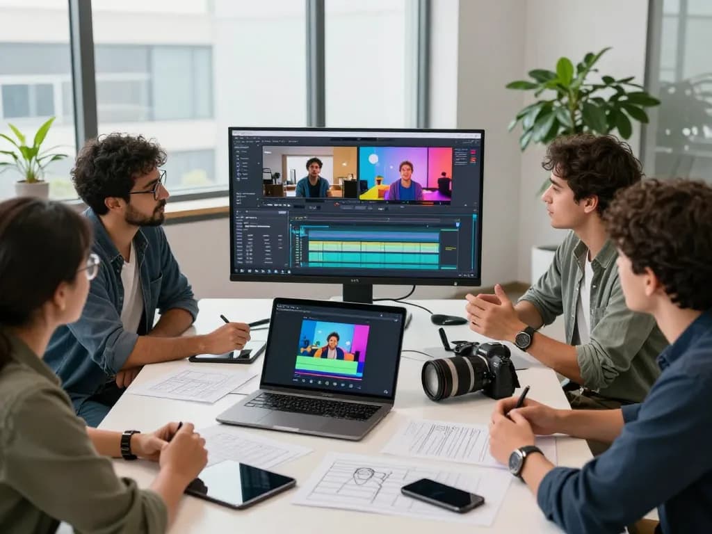 Team collaborating using video to prompt technology in a modern workspace, showcasing video editing and creativity.