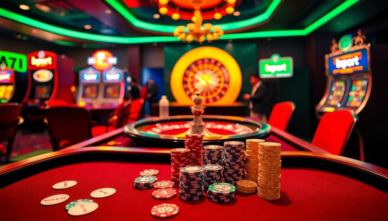 Players enjoying a thrilling game at Bsport's poker table, surrounded by casino elements.