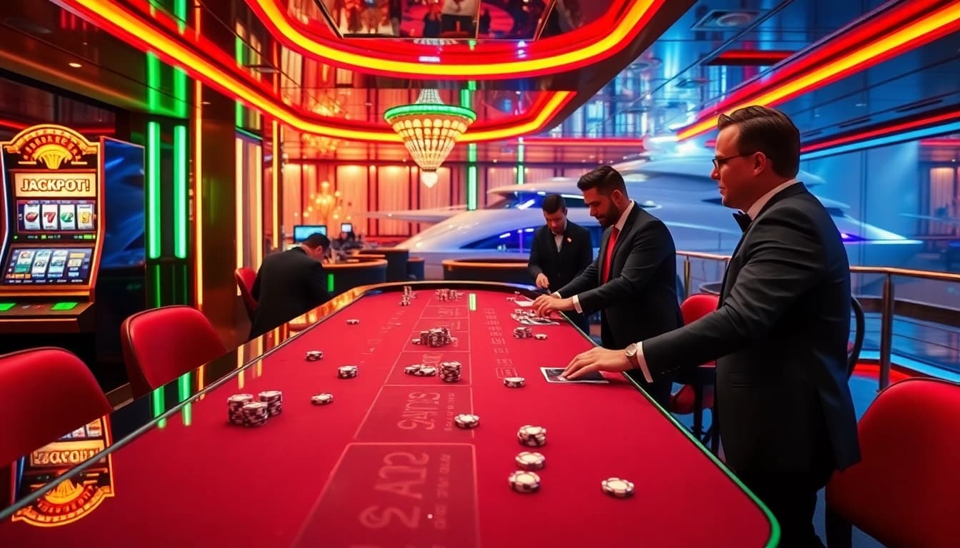 SX88 yacht sets the stage for an exciting casino night with vibrant gaming tables and slot machines.