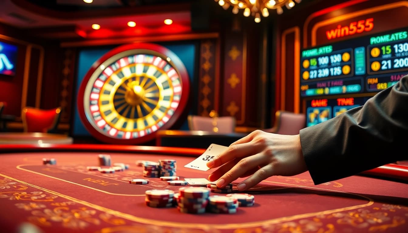 Experience an exciting poker game at win55 with vibrant casino visuals and enticing promotional displays.
