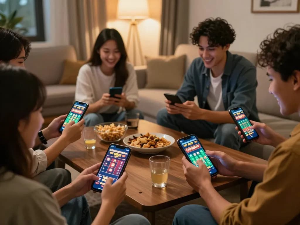 Friends engaging with 99OK online games in a cozy home setting, showcasing excitement.