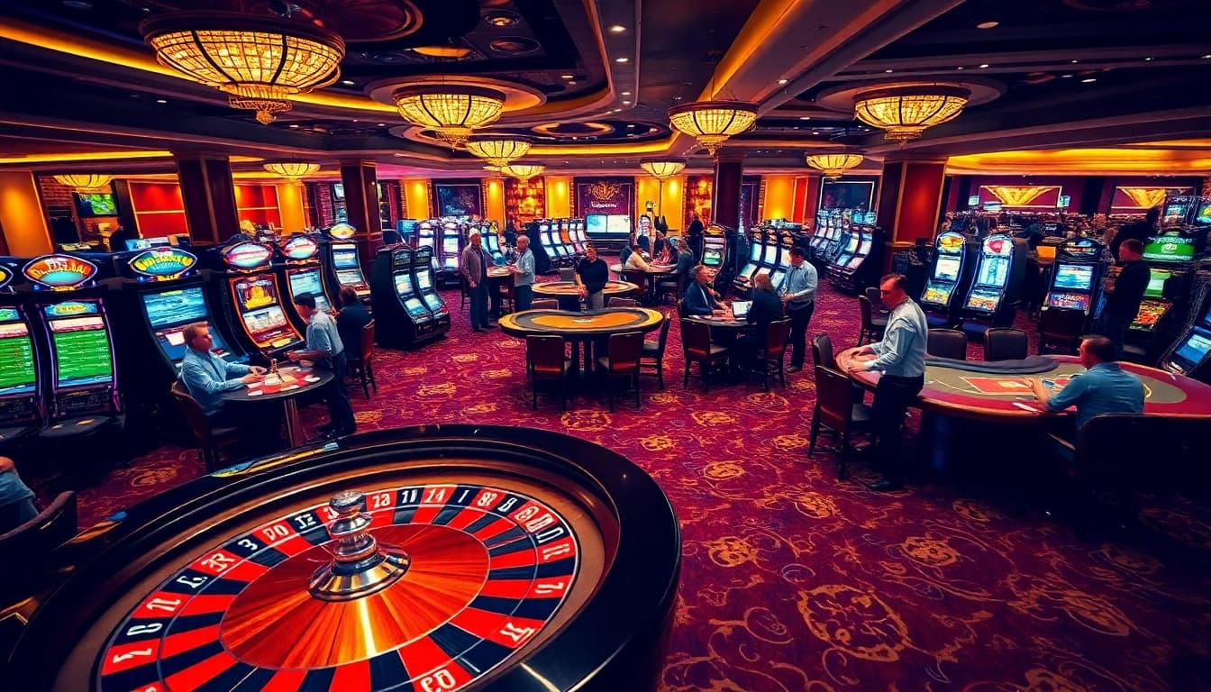 Excited gamblers placing bets at the roulette wheel on https://32win.cool/ thrilling casino floor scene.