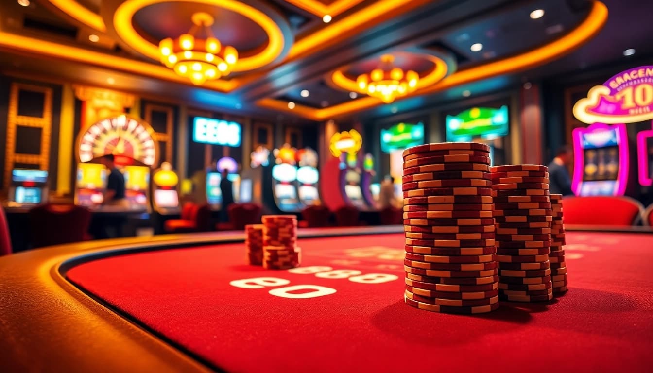 Players enjoying high-stakes games at an EE88 casino featuring a luxurious poker table and vibrant roulette wheel.
