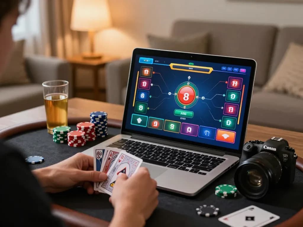 Player analyzing cards while using a laptop for 7m1 online poker gaming session at home.