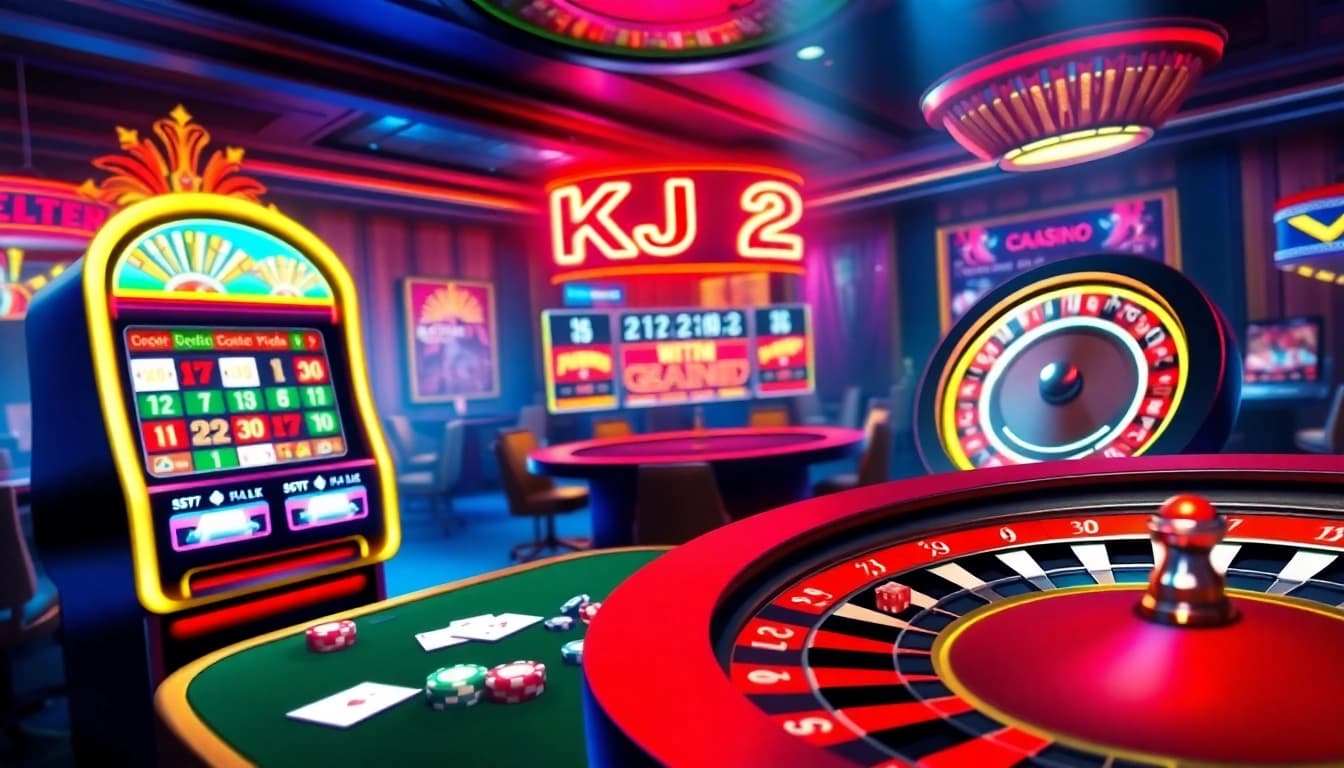 Casino scene showcasing the excitement of KJC AC 2 with vibrant slot machines, poker tables, and roulette wheels.