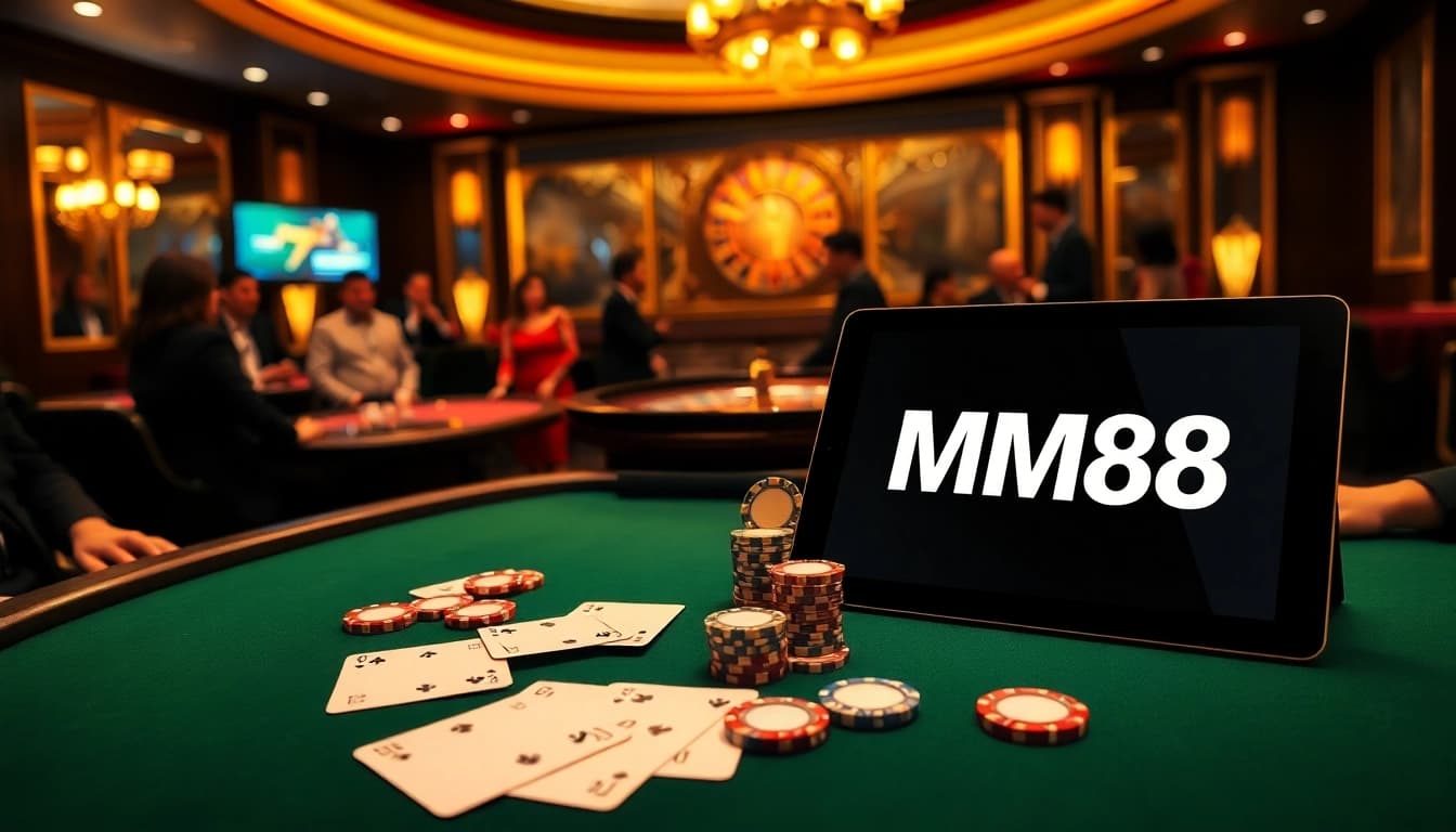 MM88 players strategizing their poker game at an elegant casino table.