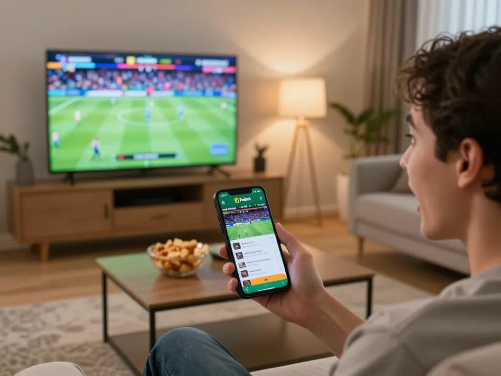 Engaging sports betting with Fabet app on smartphone in a lively home setting