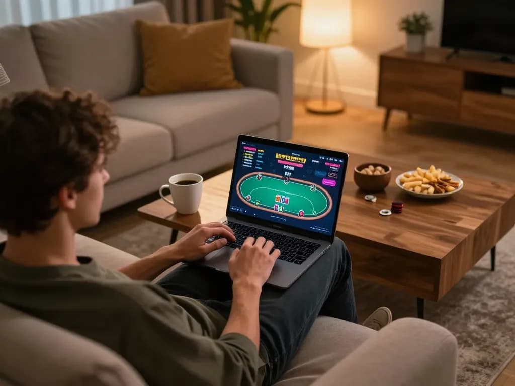 Player exploring online poker strategies at home through https://ko6689.com/html-sitemap/, showcasing a cozy gaming environment.