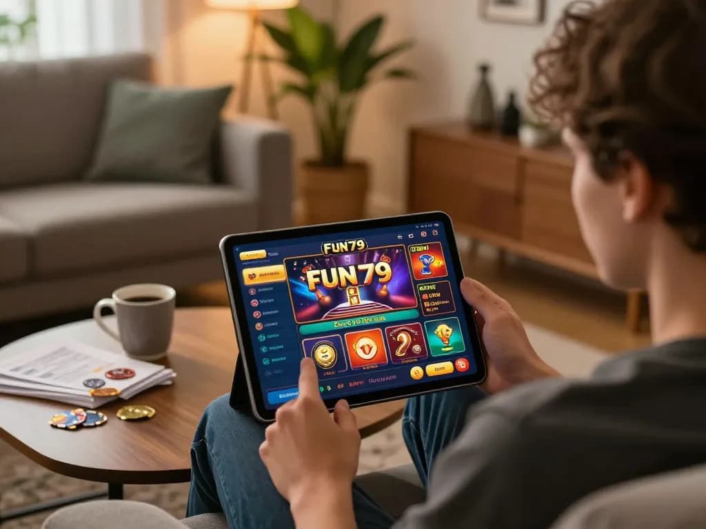 Player enjoying fun79 casino app on tablet in a cozy home setting, emphasizing responsible gaming.