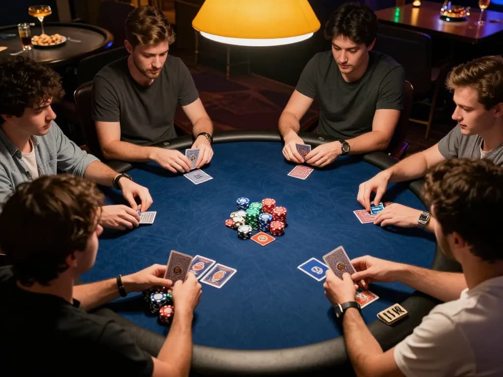 Friends enjoying an intense poker game night at home, showcasing a competitive atmosphere with open88ss integration