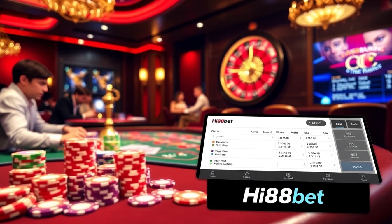 Experience thrilling poker action featuring Hi88bet betting slips and vibrant casino elements.