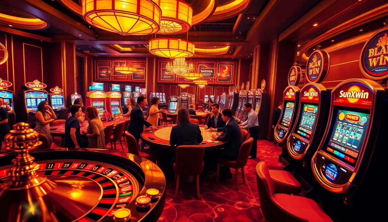 Cheerful players celebrating wins at a luxurious casino scene featuring sun win-themed gaming elements.