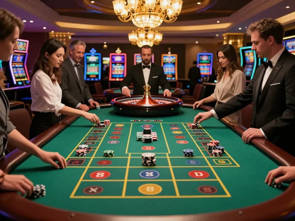 Exciting gameplay at f8bet com roulette table with players placing bets in a vibrant casino.