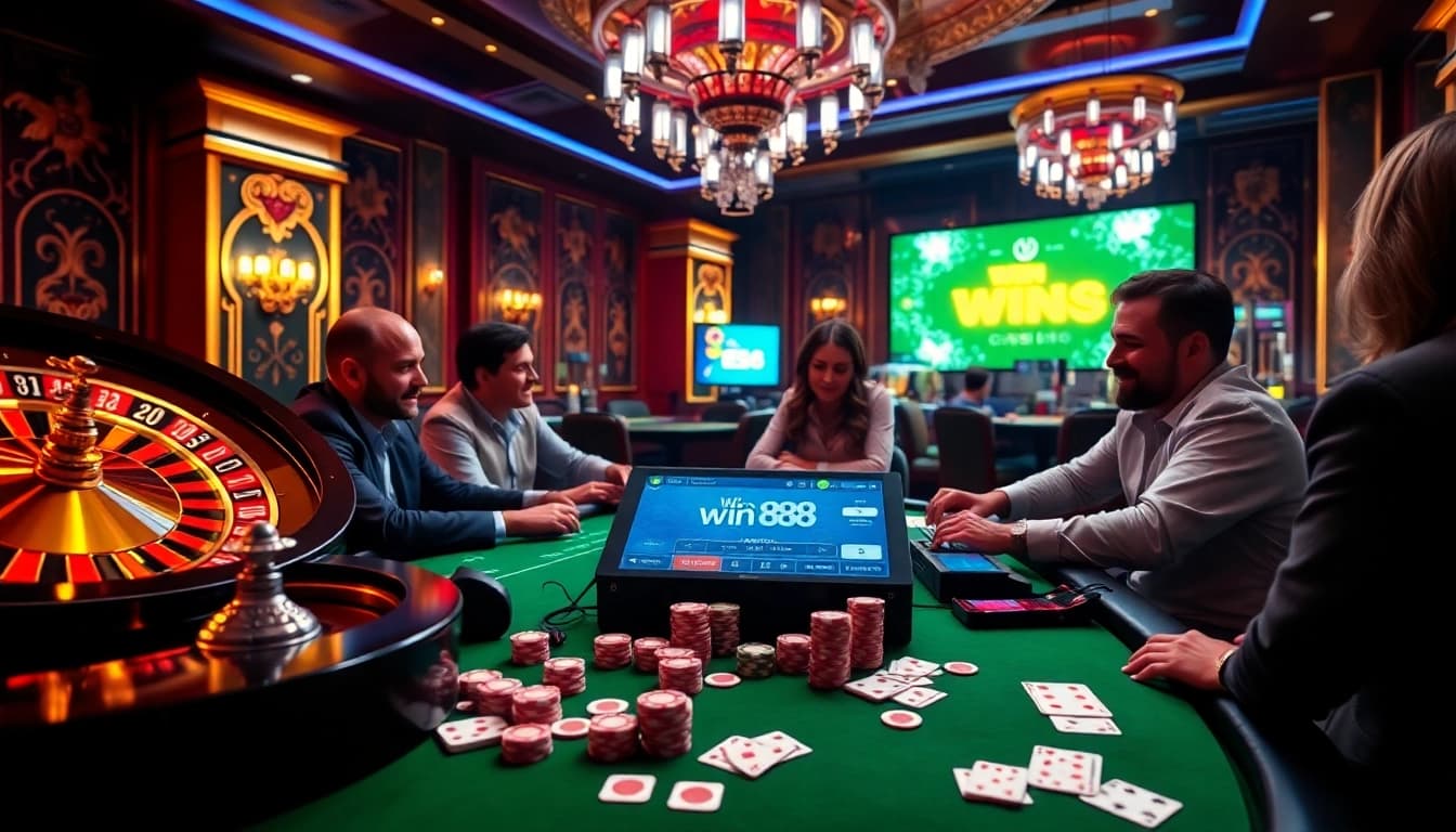 Engage in thrilling online gameplay at win 888 casino with vibrant poker chips and roulette.