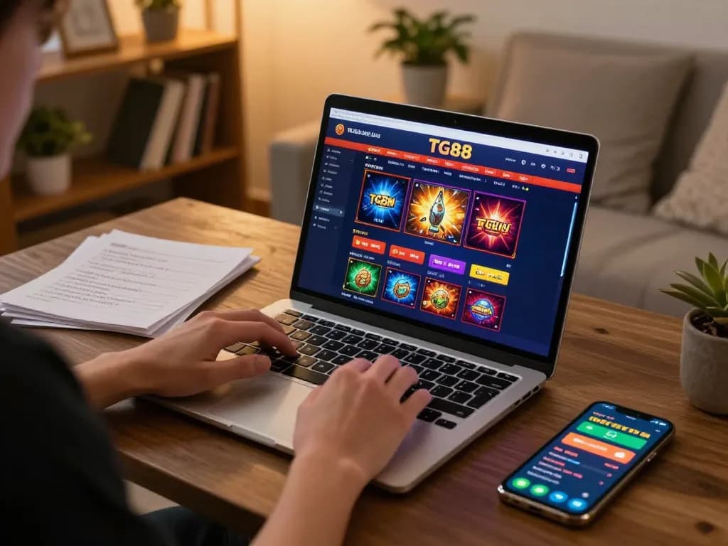 TG88 online casino gaming with strategy notes in a cozy home setting