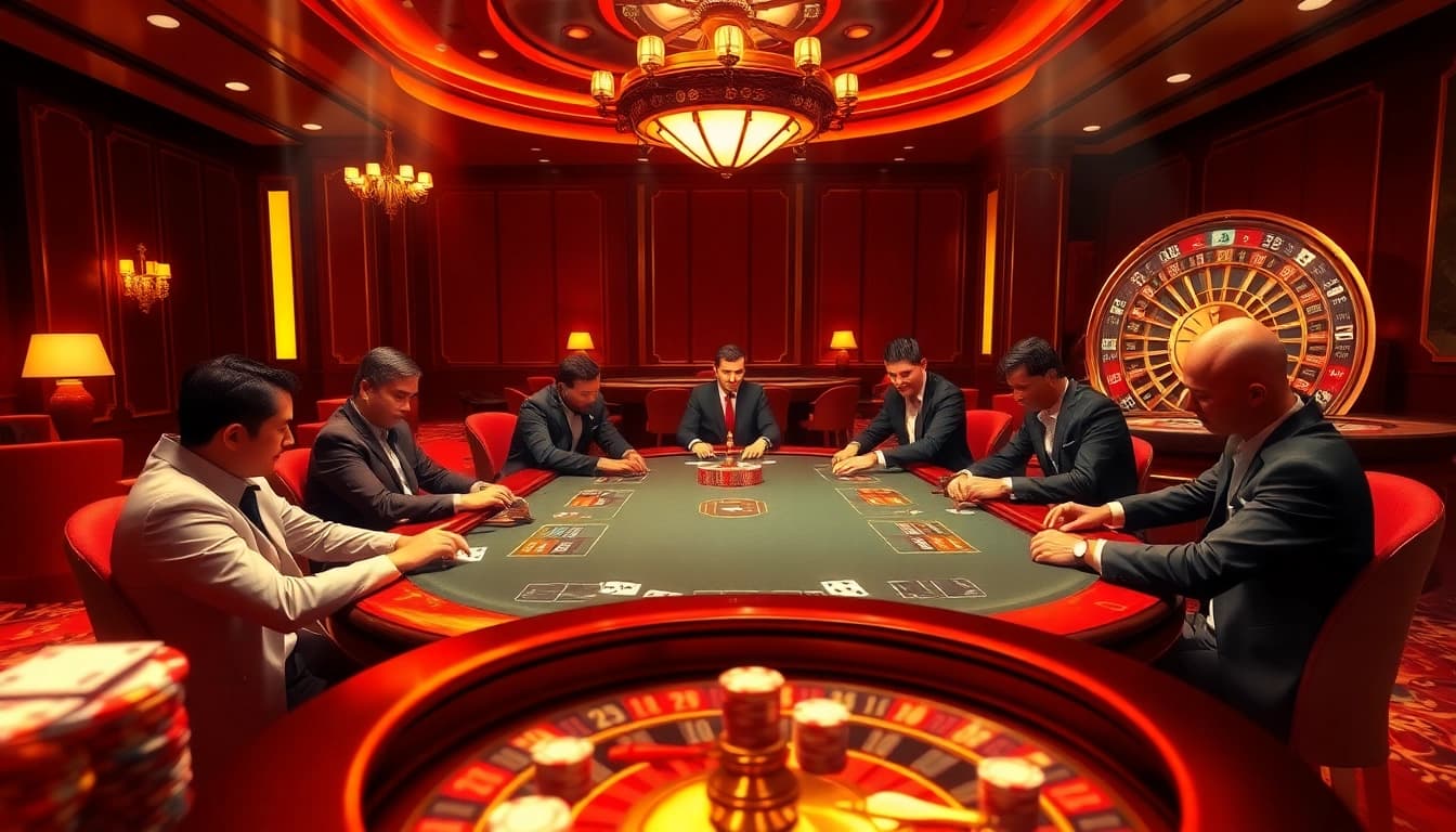 Players immerse themselves in a high-stakes poker game at ku88 casino, surrounded by luxurious decor.