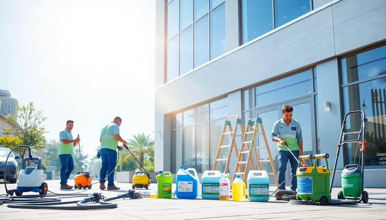 Team providing exceptional exterior cleaning services on a commercial building.