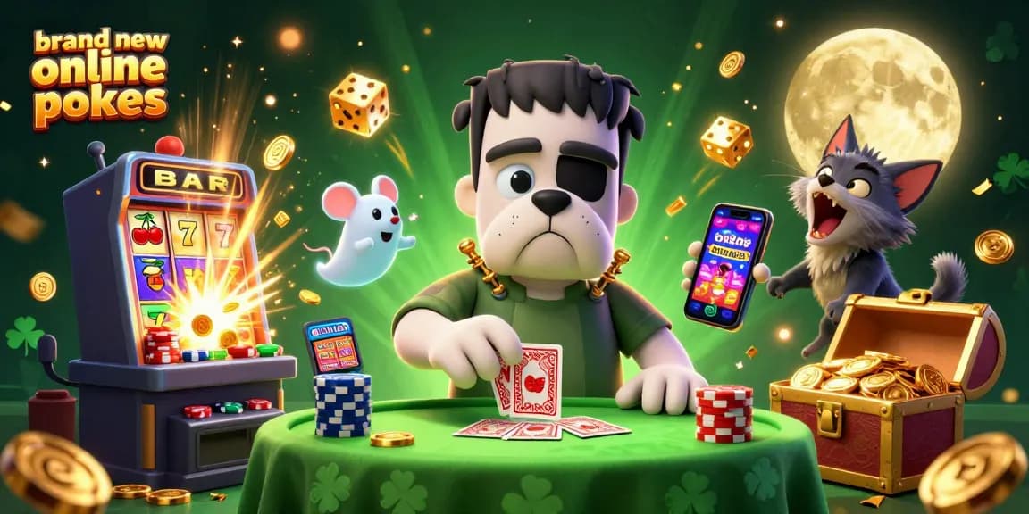 Experience brand new online pokies with a vibrant, animated casino scene featuring thrilling characters and game elements.