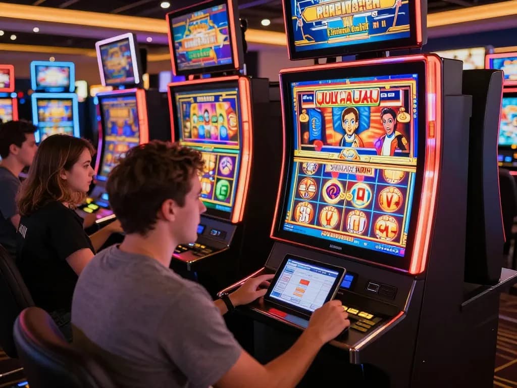 Players engaging with colorful slot machines in an exciting Slot Malaysia online casino experience.